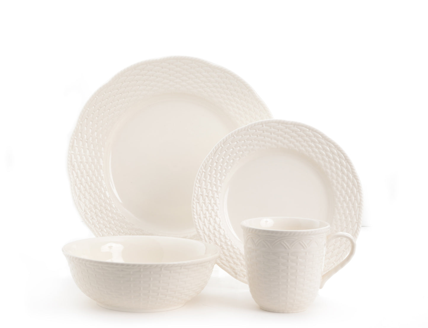 White Four Piece Weave Stoneware Service For Four Dinner Plate Set