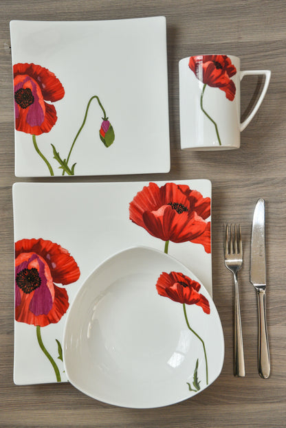 Red and White Four Piece Square Floral Bone China Dinnerware Set