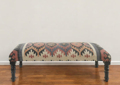 47" Brown Red and Natural Black Leg Southwest Upholstered Bench