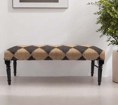 47" Tan And Black Black Leg Checkered Upholstered Bench