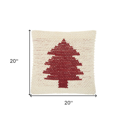 20" X 20" Ivory And Red Zippered Handmade Polyester Christmas Tree Throw Pillow