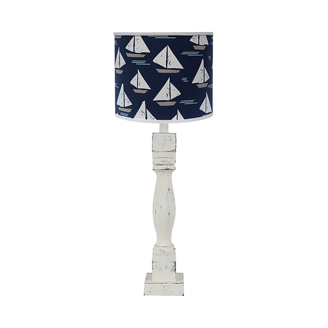 30" Distressed White Candlestick Table Lamp With Navy Sailboat Shade