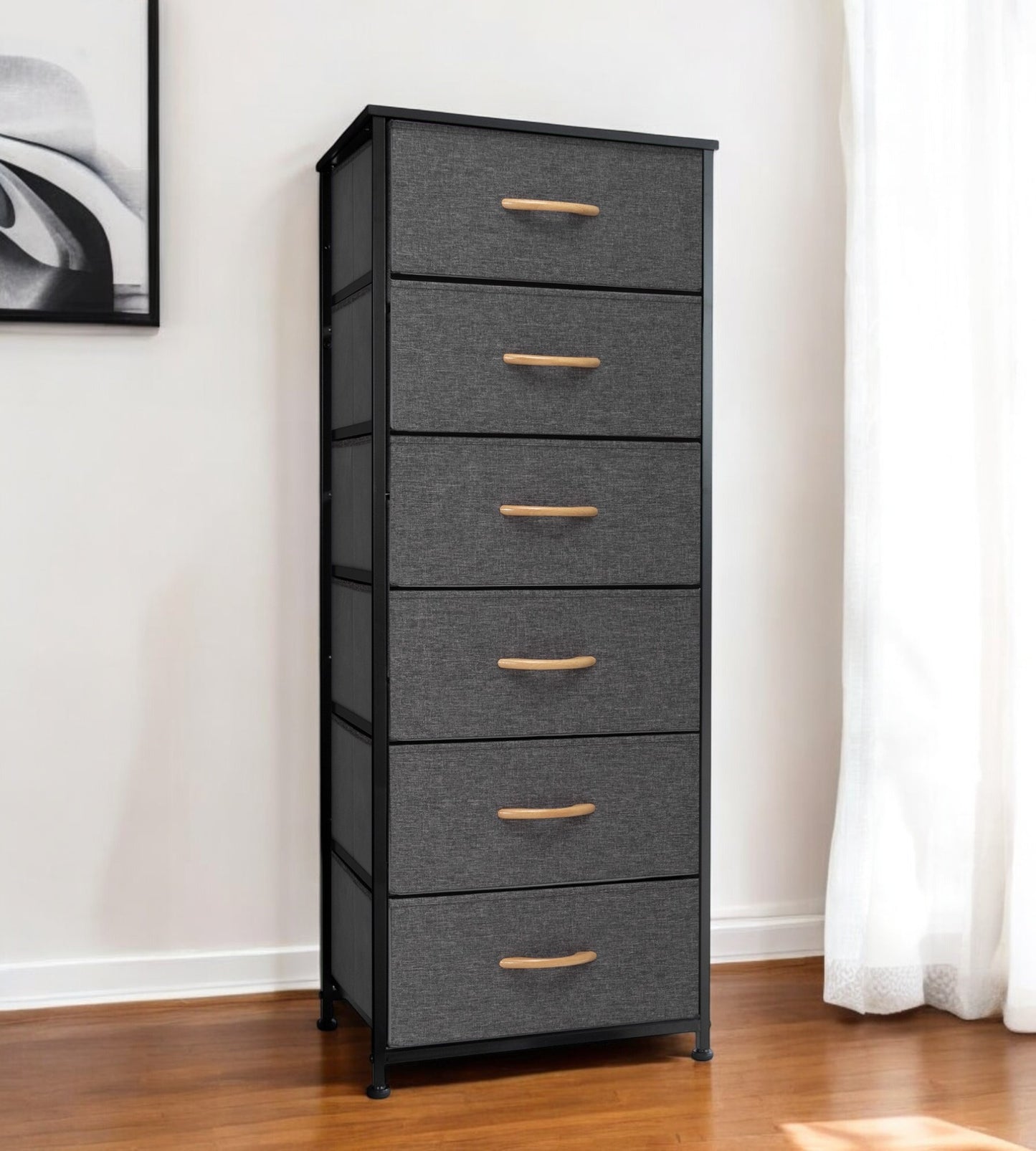 18" Gray and Black Steel and Fabric Six Drawer Chest