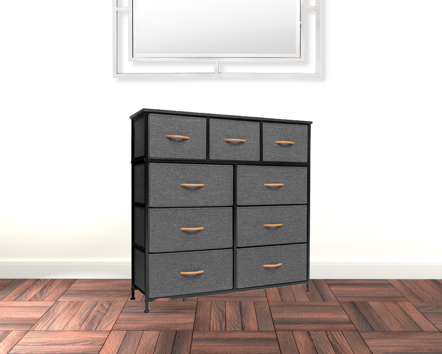 39" Gray and White Steel and Fabric Nine Drawer Triple Dresser