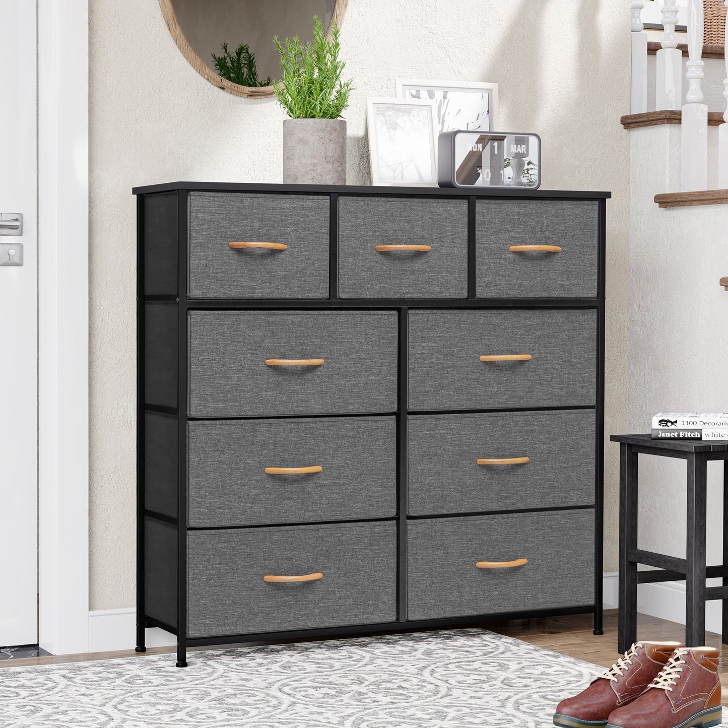 39" Gray and White Steel and Fabric Nine Drawer Triple Dresser