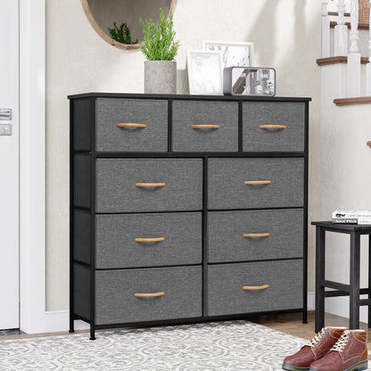 39" Gray and White Steel and Fabric Nine Drawer Triple Dresser