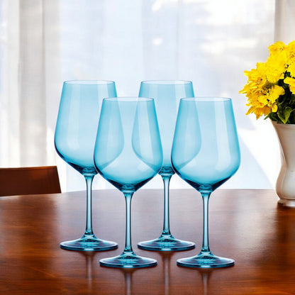 Set of Four Translucent Aqua Blue Large Wine Glasses