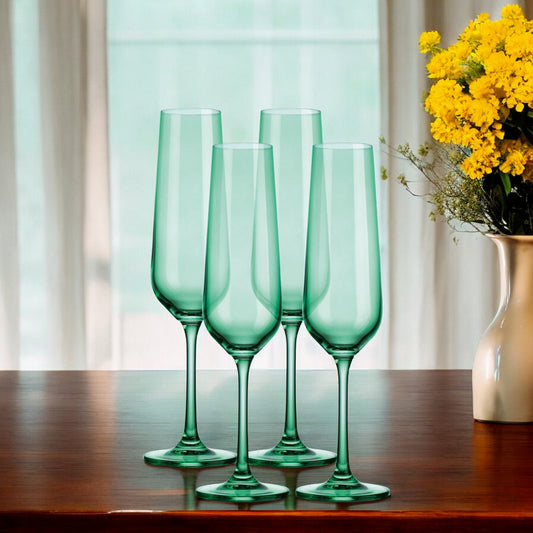 Set of Four Translucent Pale Green Champagne Flutes