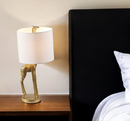 17" Gold Textured Giraffe Table Lamp With White Drum Shade