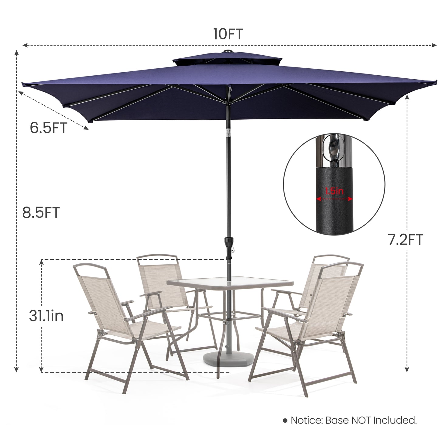 10' Navy Polyester Rectangular Tilt Market Patio Umbrella With Stand