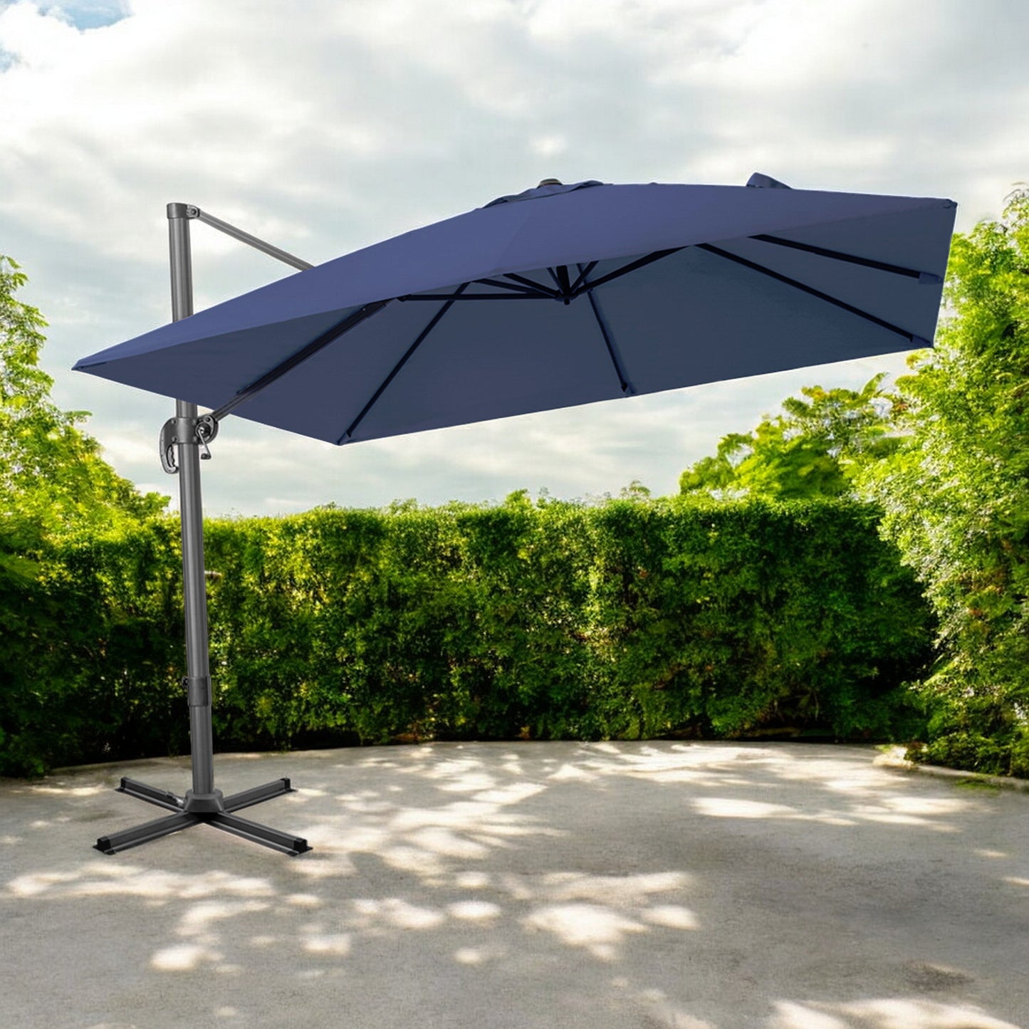 10' Navy Blue Polyester Square Tilt Cantilever Patio Umbrella With Stand