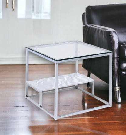 22" Chrome And Clear Glass Square End Table With Shelf