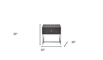 22" Chrome And Gray Oak Manufactured Wood Rectangular End Table With Drawer