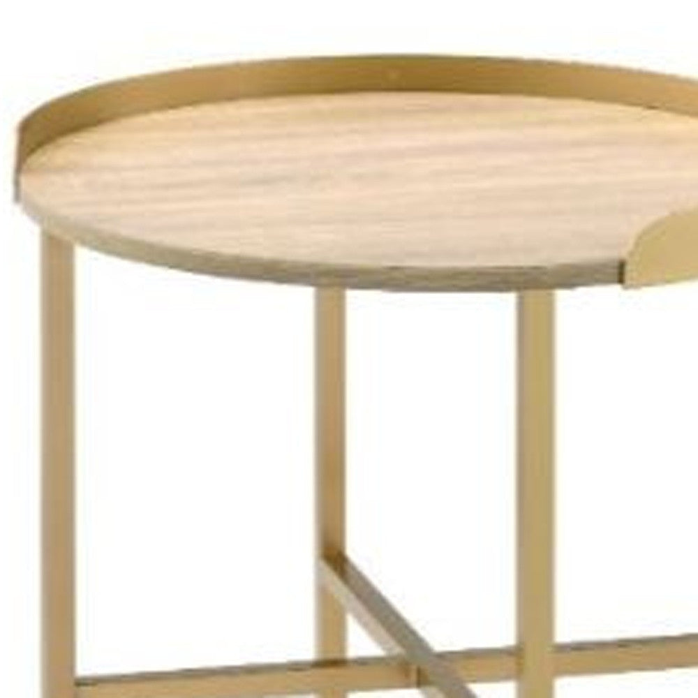 22" Gold And Oak Manufactured Wood And Metal Round End Table