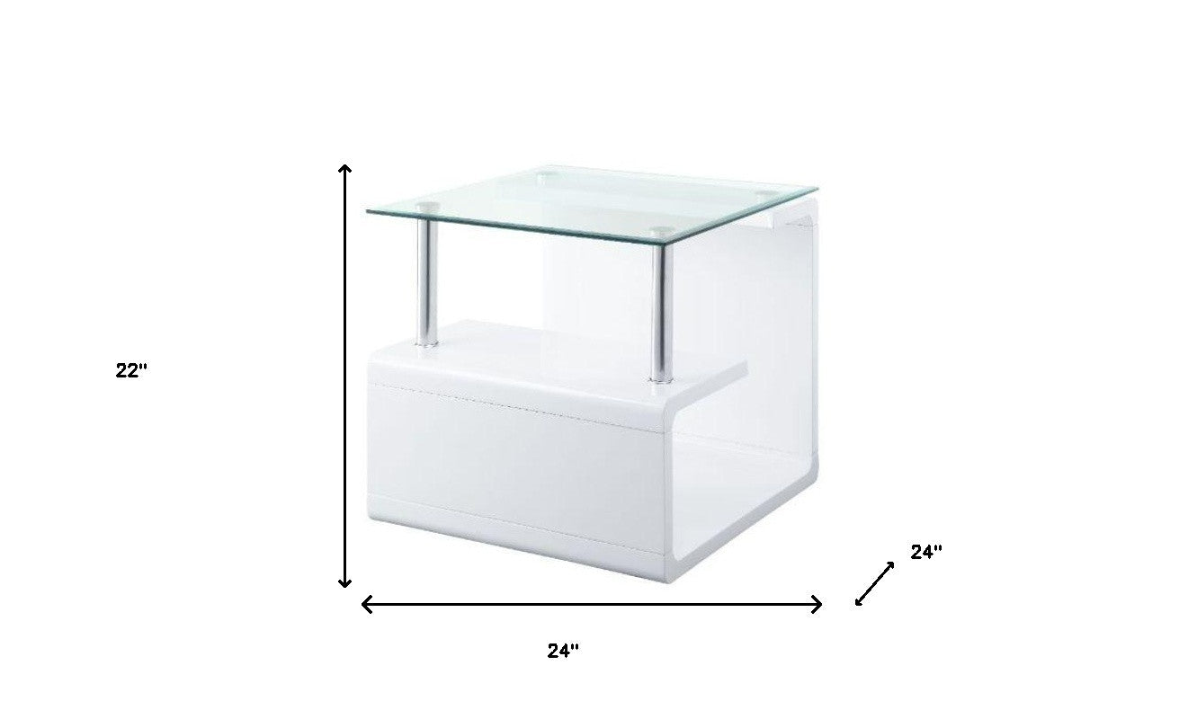 22" White Glass and Wood Square End Table With Two Shelves