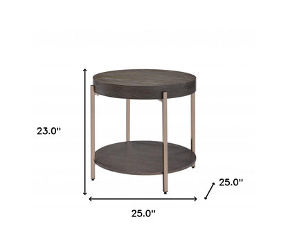 23" Champagne Metal And Dark Oak Manufactured Wood Round Two Tier End Table