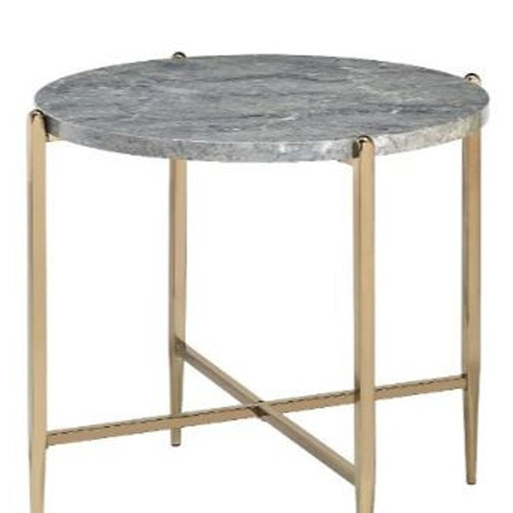 24" Champagne And Light Gray Manufactured Wood And Metal Round End Table