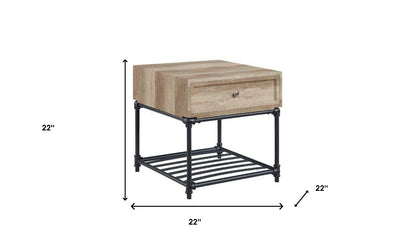 22" Sandy Black And Oak Manufactured Wood And Metal Square End Table With Drawer And Shelf