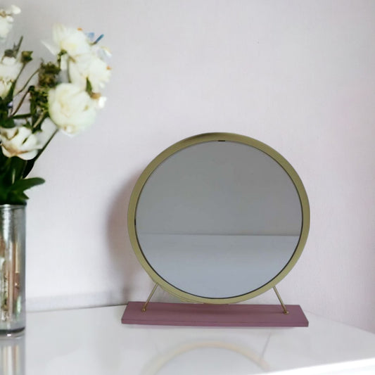 19" Faux Fur, Mirror, Pink & Gold Finish Round Makeup Shaving Tabletop Mirror