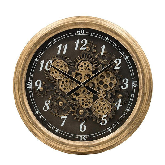 21" Circle Black and Gold Wood and Glass Analog Exposed Gear Wall Clock