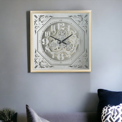 24" Square Gold and Silver Wood and Mirror Exposed Gear Wall Clock