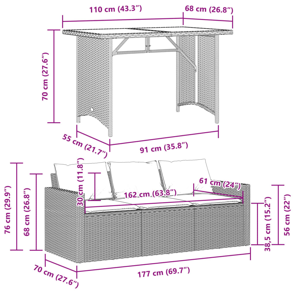 2 Piece Patio Dining Set with Cushions Gray Poly Rattan