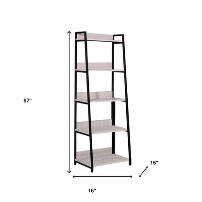 67" Natural and Black Metal Five Tier Ladder Bookcase