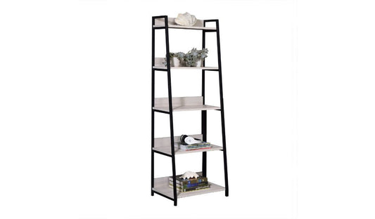 67" Natural and Black Metal Five Tier Ladder Bookcase