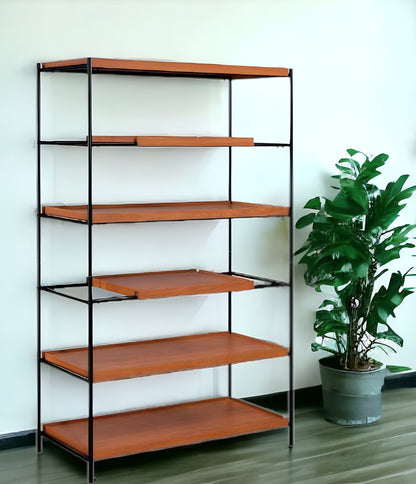 70" Brown and Black Metal Six Tier Etagere Bookcase