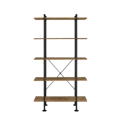 73" Brown and Black Metal Five Tier Etagere Bookcase