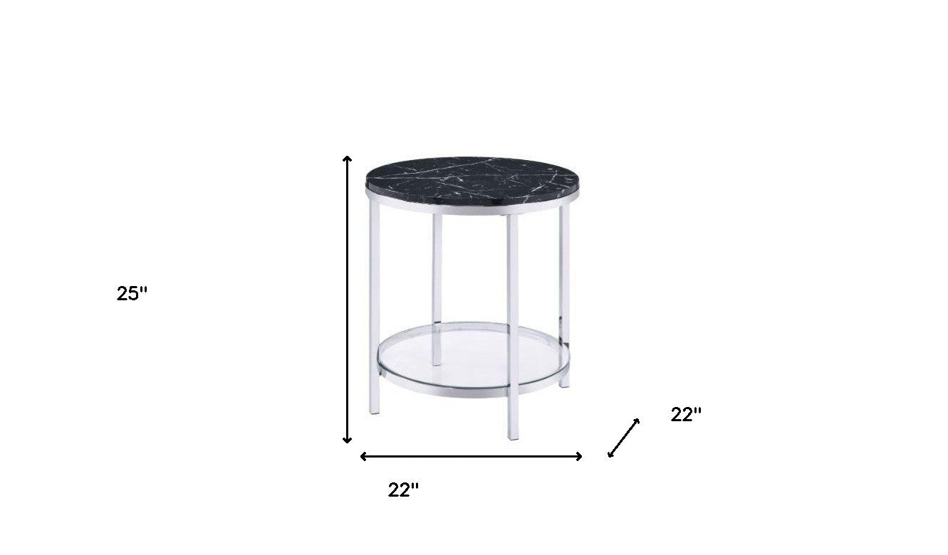 25" Chrome And Black Faux Marble And Metal Round End Table With Shelf