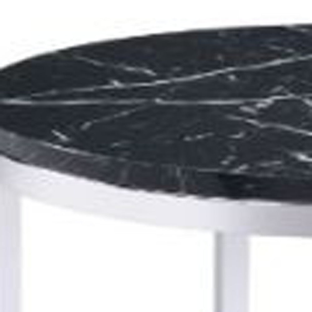 25" Chrome And Black Faux Marble And Metal Round End Table With Shelf