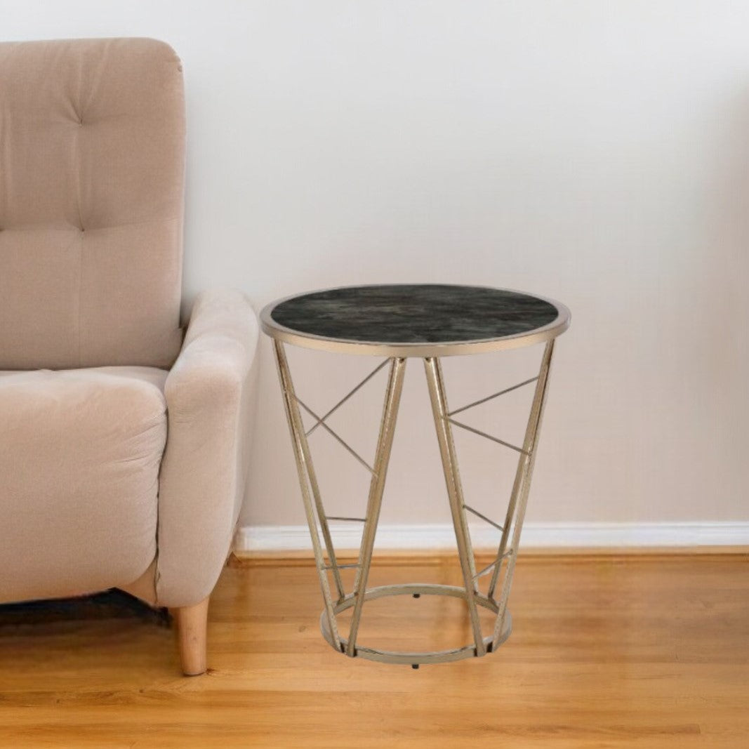 24" Champagne And Black Faux Marble Glass And Metal Round End Table