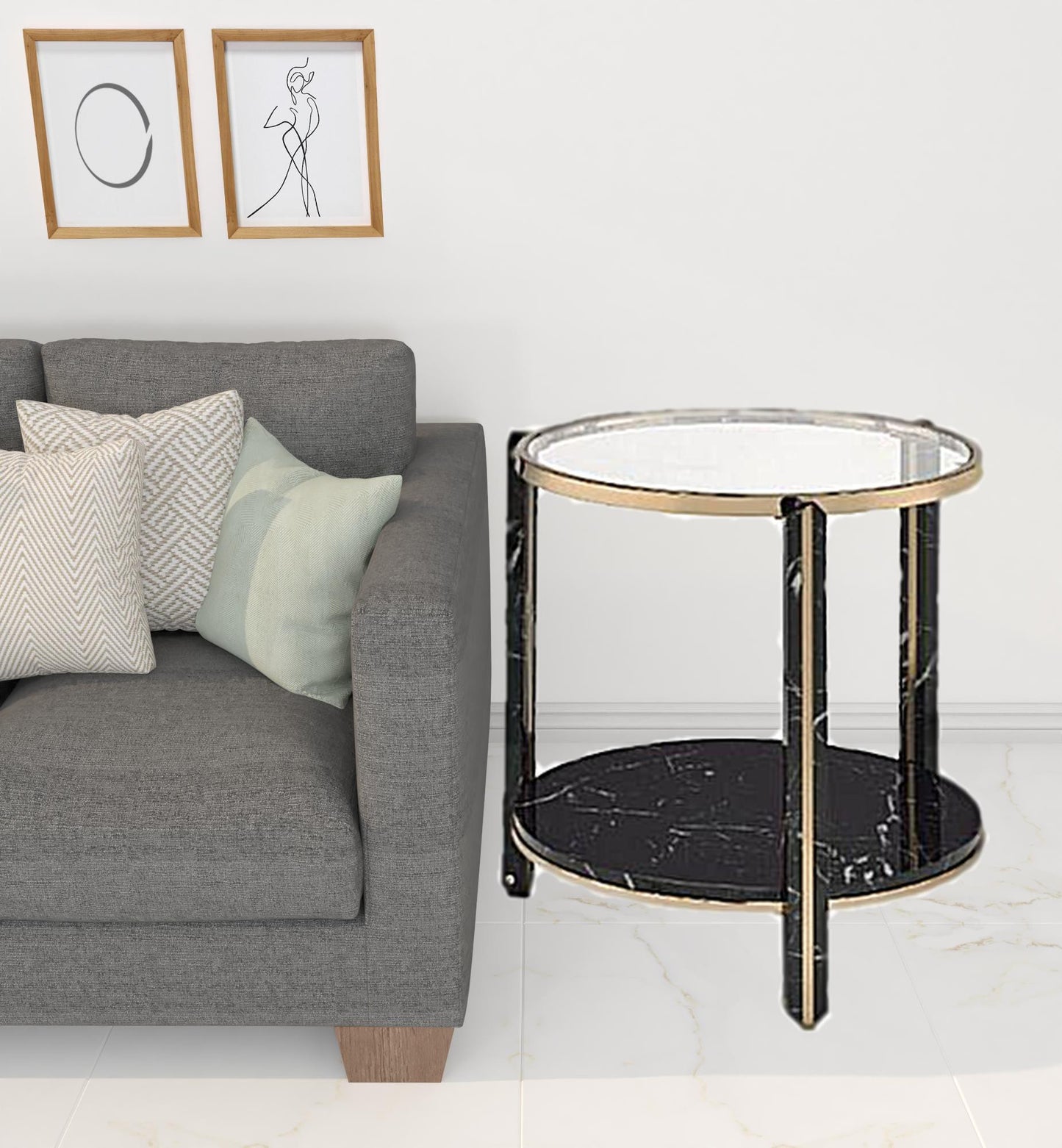 24" Champagne And Clear Glass And Metal Round End Table With Shelf