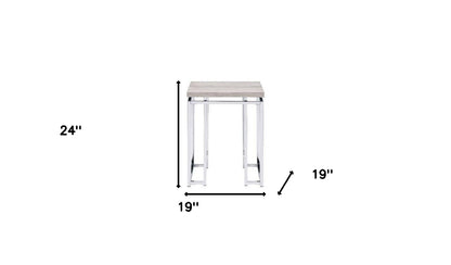 24" Chrome And Natural Oak Manufactured Wood And Metal Square End Table