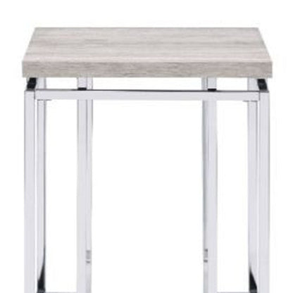 24" Chrome And Natural Oak Manufactured Wood And Metal Square End Table