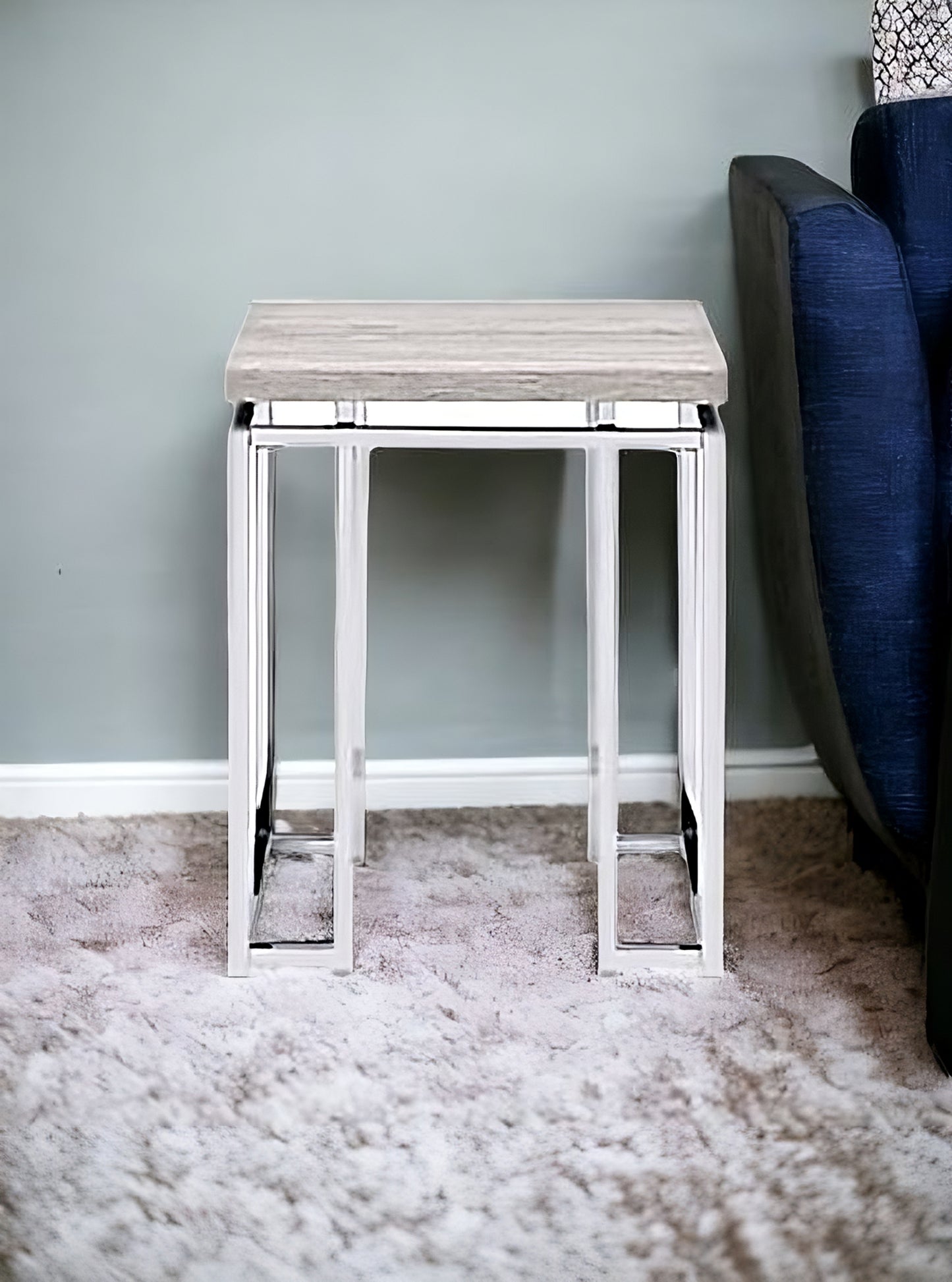 24" Chrome And Natural Oak Manufactured Wood And Metal Square End Table