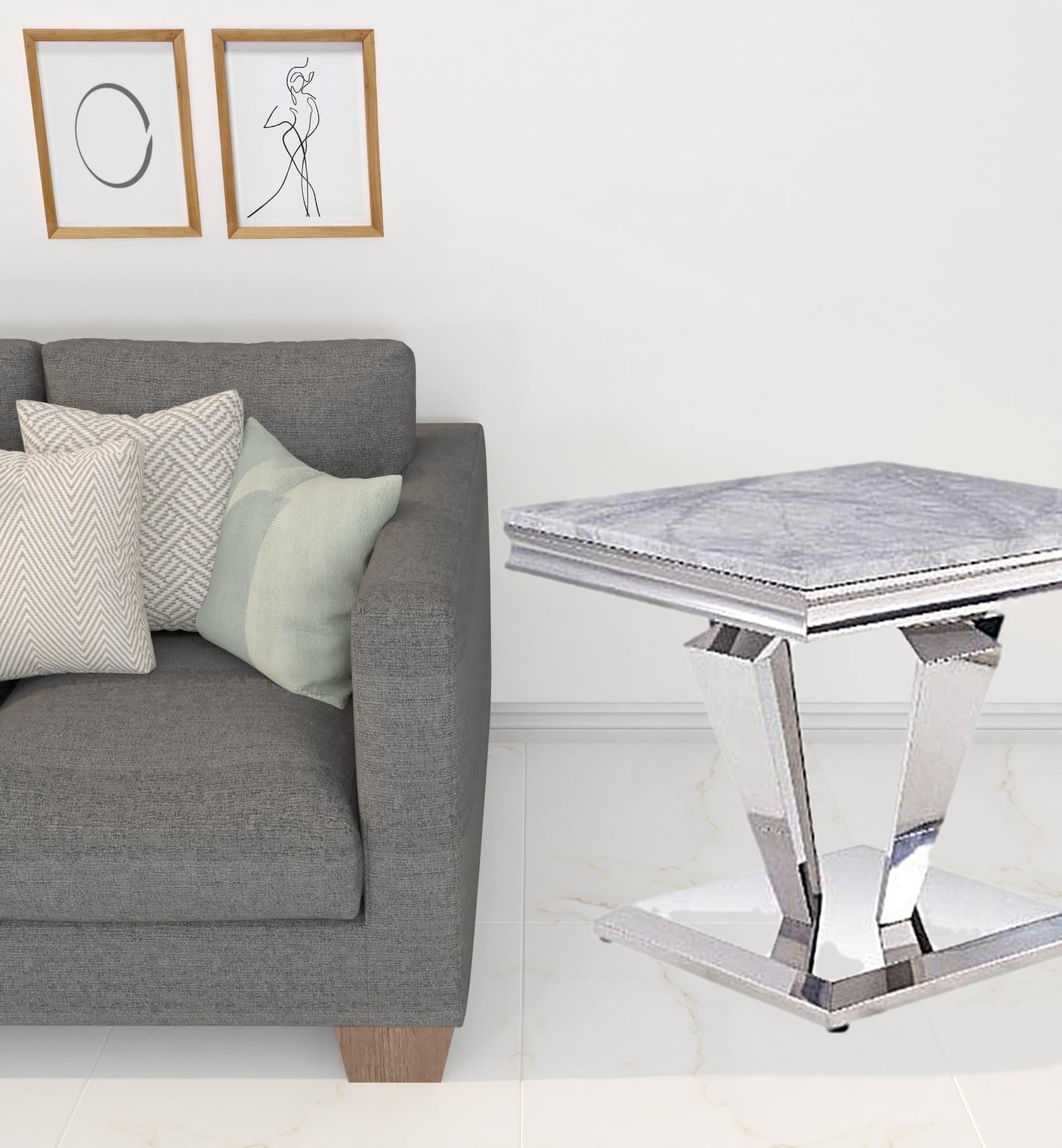 22" Silver And Light Gray Marble Look And Stainless Steel Square End Table