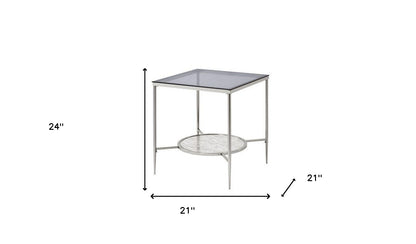 24" Chrome And Clear Glass And Metal Square End Table With Shelf