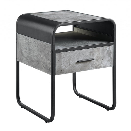 22" Black And Gray Wood And Metal Square End Table With Drawer And Shelf