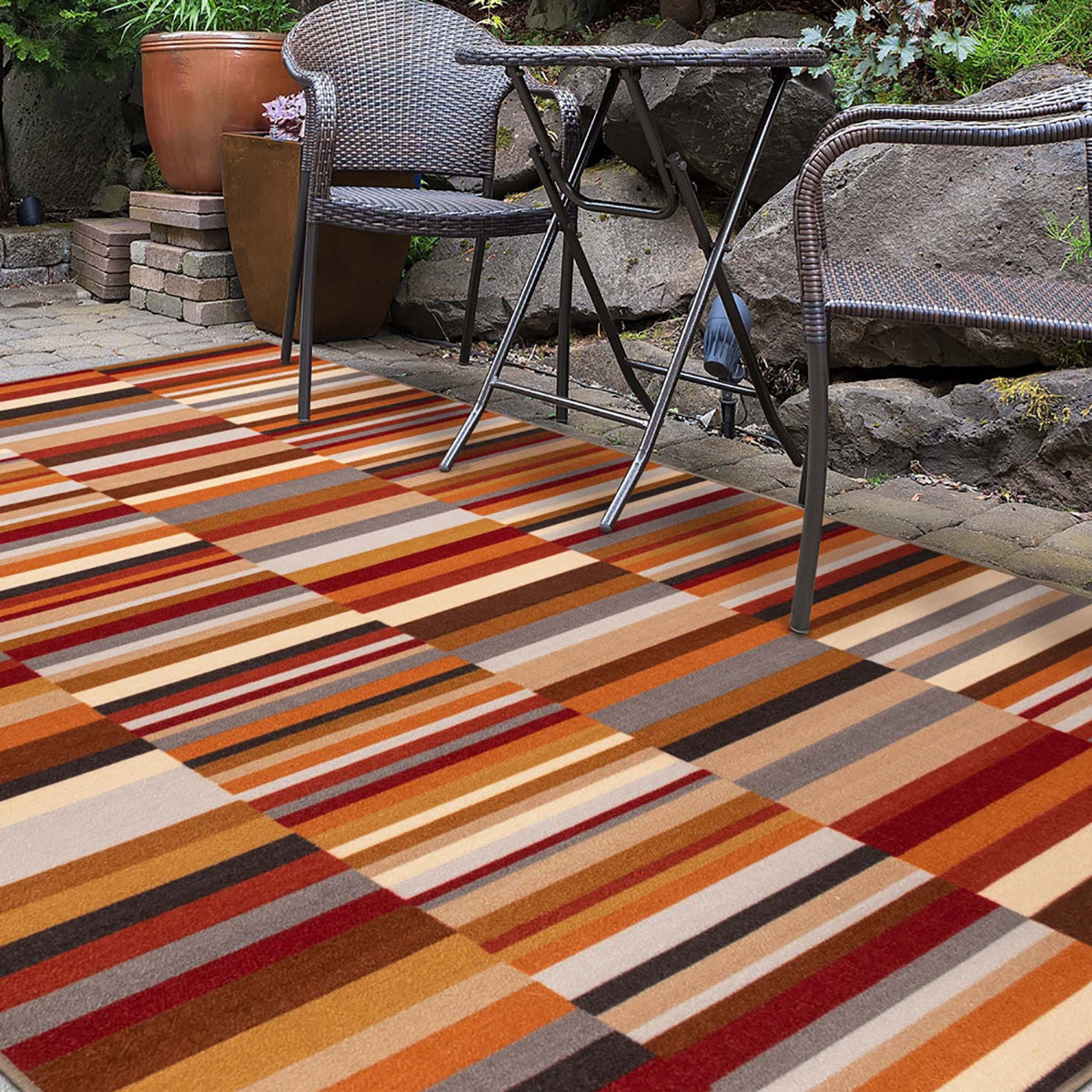 8' X 10' Taupe Striped Stain Resistant Non Skid Indoor Outdoor Area Rug