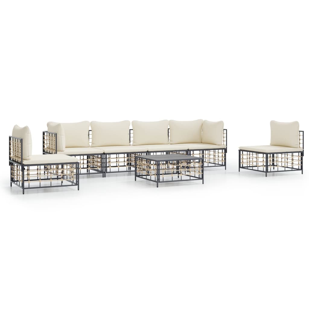 7 Piece Patio Lounge Set with Cushions Anthracite Poly Rattan