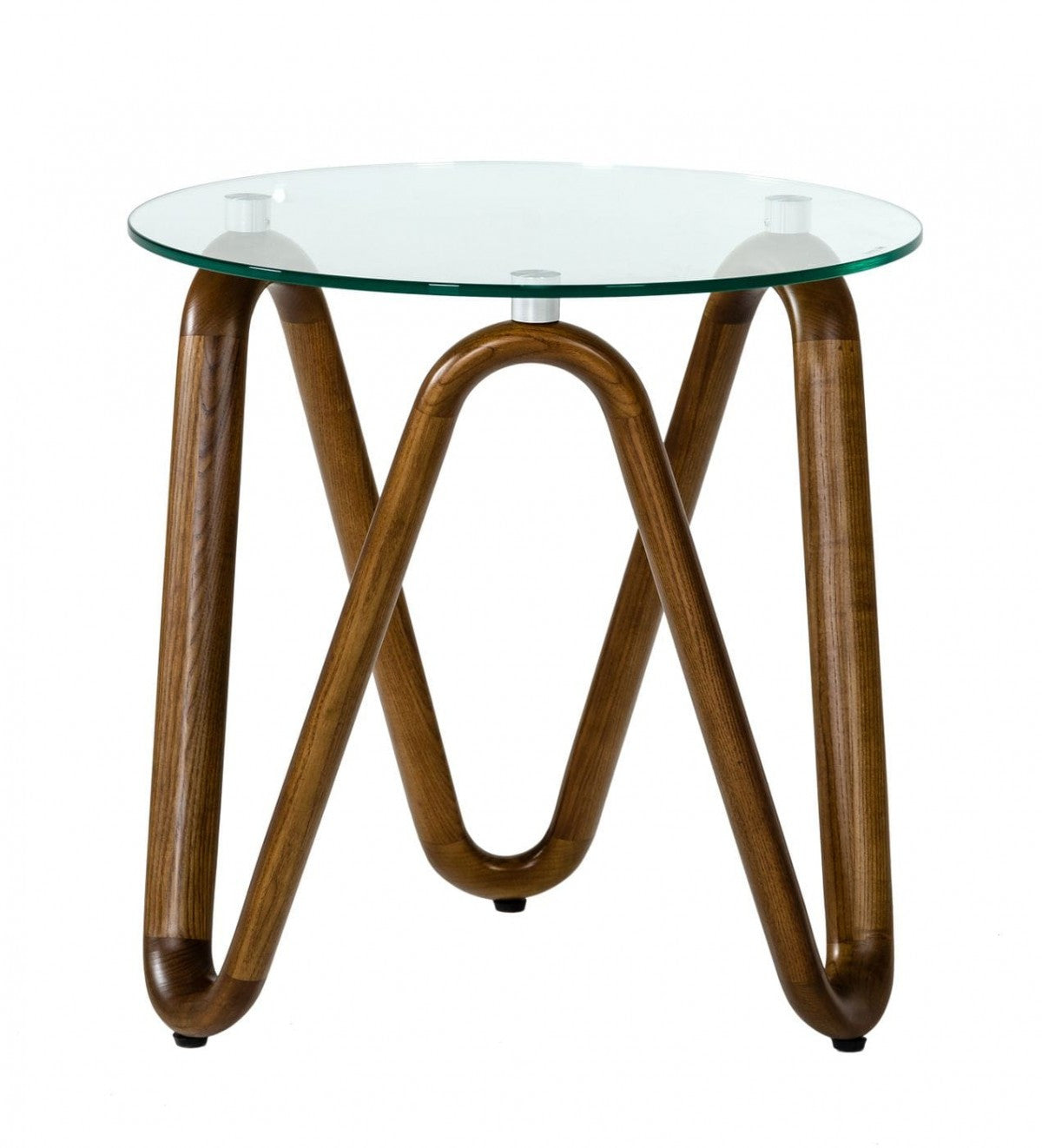 20" Walnut And Clear Glass  Solid Wood Ribbon Base Round End Table