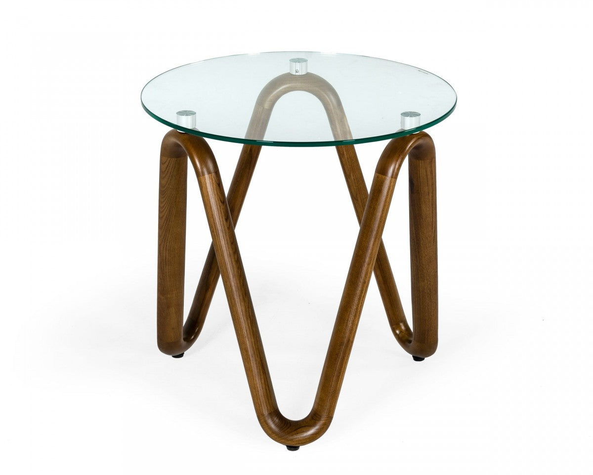 20" Walnut And Clear Glass  Solid Wood Ribbon Base Round End Table