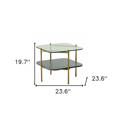 20" Gold And Clear Glass And Metal Square End Table With Shelf