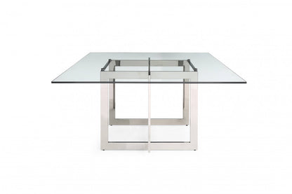 59" Clear And Gunmetal Square Glass And Stainless Steel Pedestal Base Dining Table