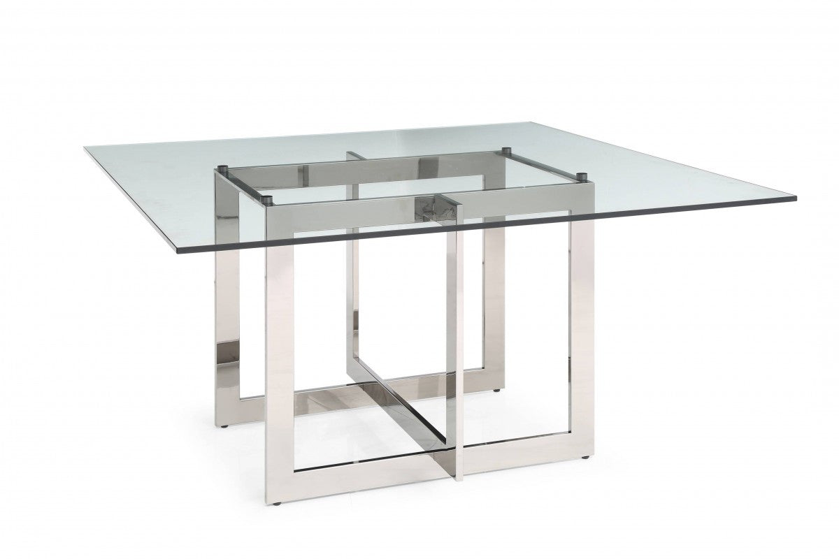 59" Clear And Gunmetal Square Glass And Stainless Steel Pedestal Base Dining Table