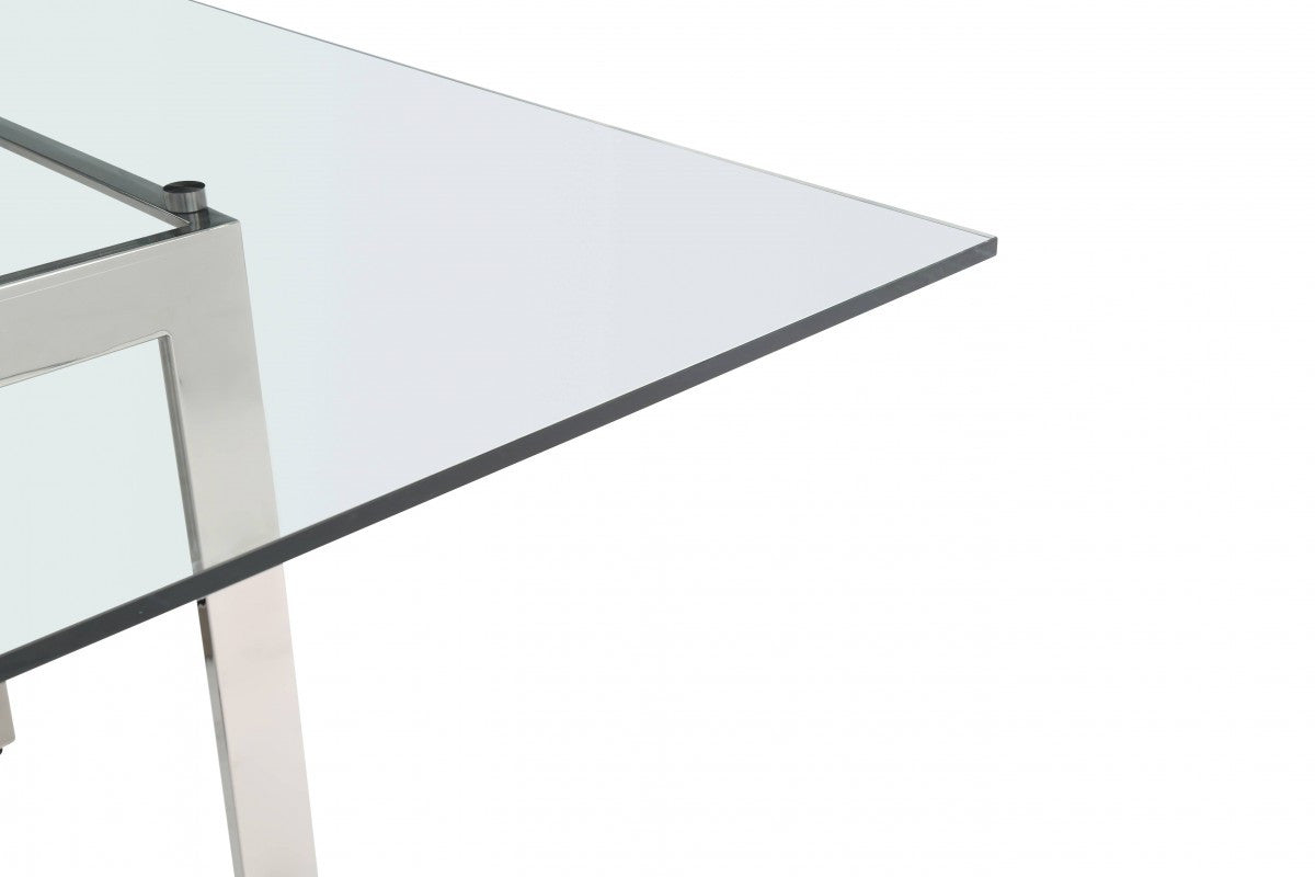 59" Clear And Gunmetal Square Glass And Stainless Steel Pedestal Base Dining Table