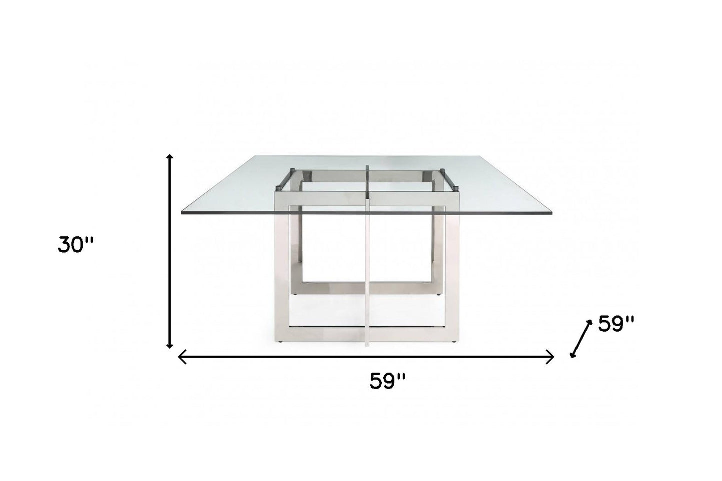 59" Clear And Gunmetal Square Glass And Stainless Steel Pedestal Base Dining Table