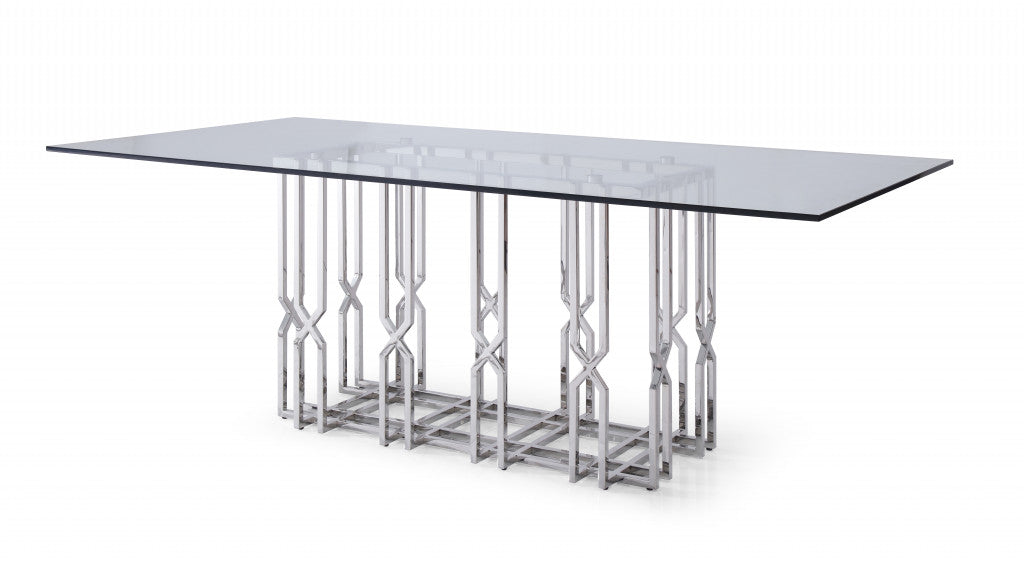 87" Clear And Silver Glass And Stainless Steel Pedestal Base Dining Table